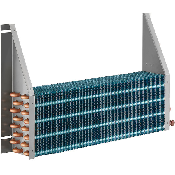 A close-up of a metal heat exchanger with copper pipes.
