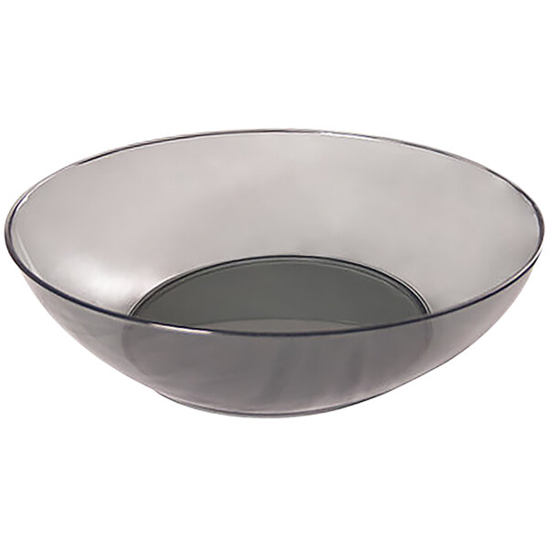 A clear plastic bowl with a black rim.