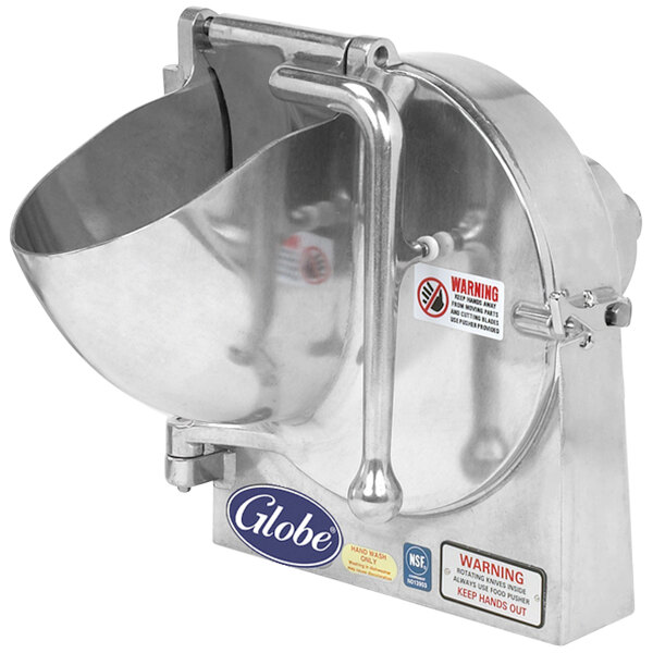 A Globe stainless steel shredder/slicer attachment for a mixer hub.
