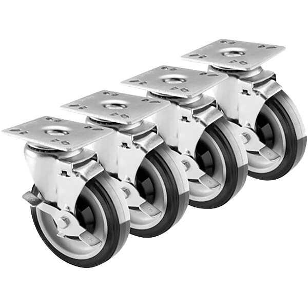 A group of metal Globe GFF-CASTERS with black and white rubber wheels.