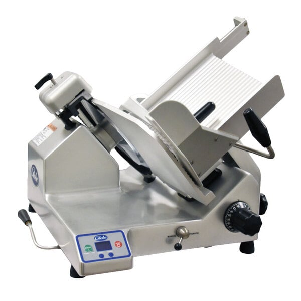 A Globe heavy-duty commercial meat slicer with a circular metal blade.