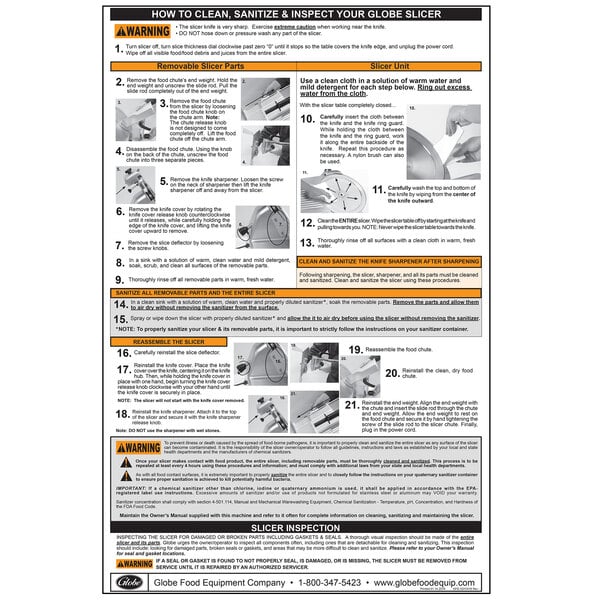 A wall chart with instructions for Globe G-Series slicers.