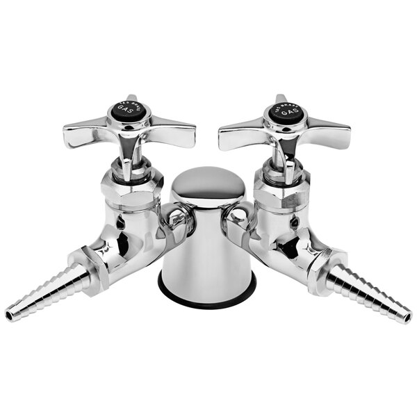 A T&S laboratory turret with two straight chrome faucets and handles.