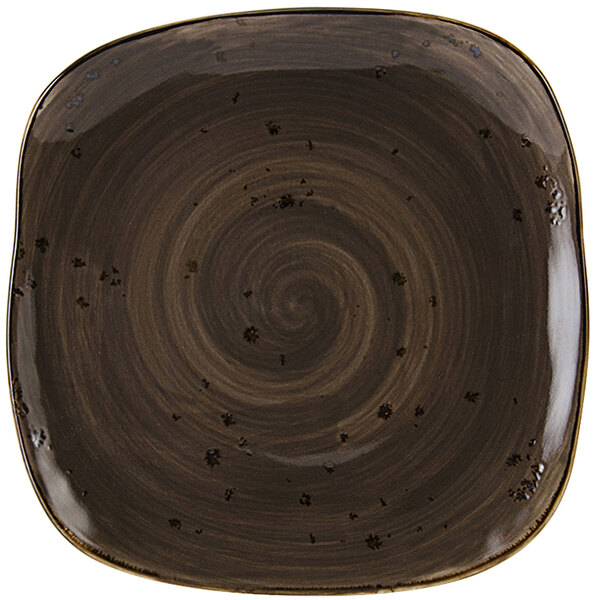 A brown square Tuxton china plate with a spiral pattern.
