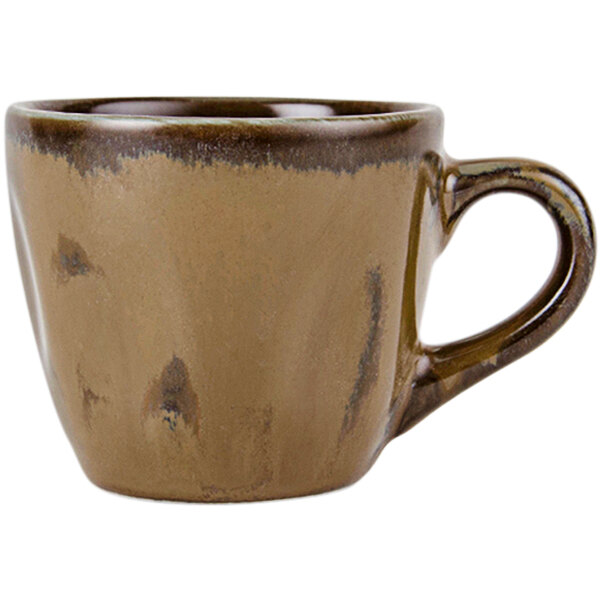 A brown espresso cup with a black and brown handle.