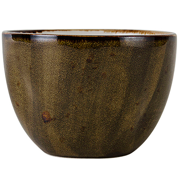 A brown ceramic Tuxton bouillon cup with a brown rim.