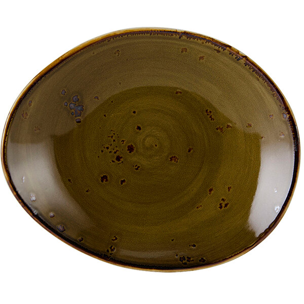 A brown Tuxton china ellipse plate with a geode pattern in the middle.