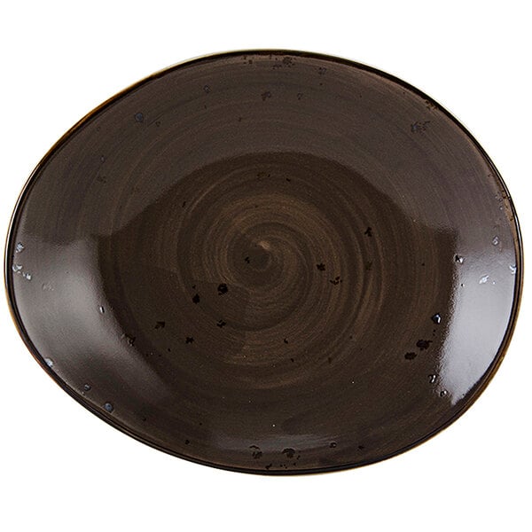 A brown Tuxton china ellipse plate with a spiral design.