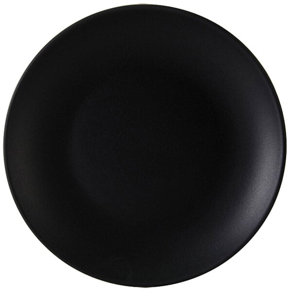A black Tuxton china plate with a matte finish.