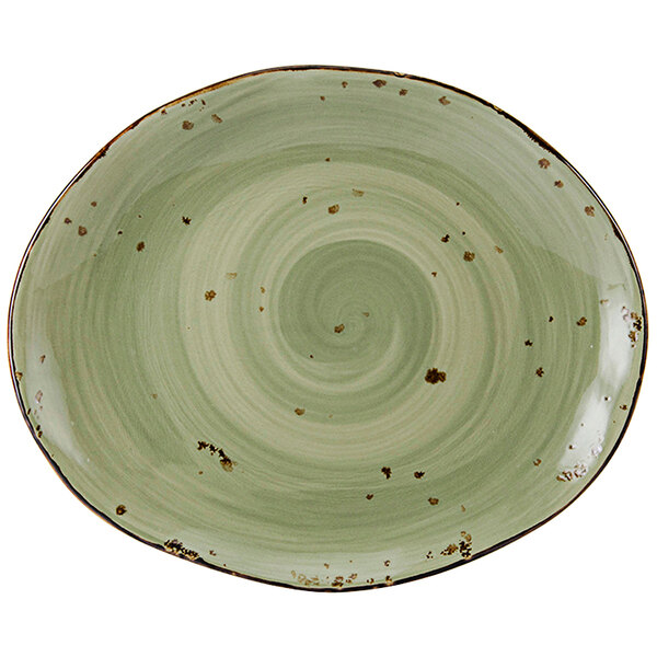 A white china platter with a green and brown swirl pattern.