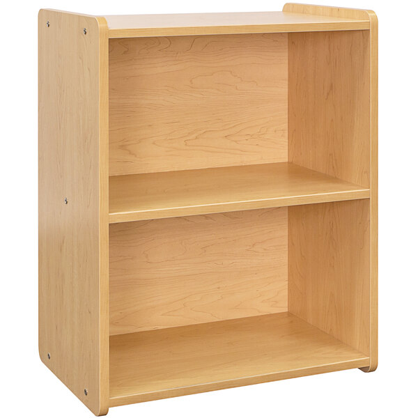 A Tot Mate maple laminate preschool play center with two shelves.