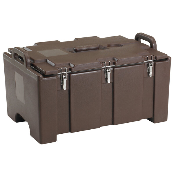 A dark brown plastic box with handles.