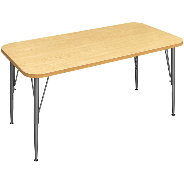 A rectangular Tot Mate maple laminate table with legs.