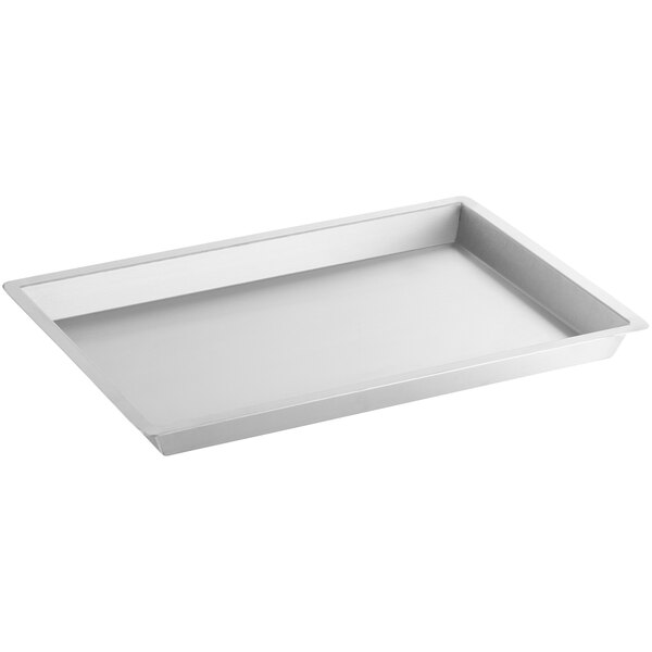 A silver rectangular tray with a white border.