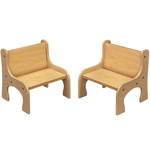 A pair of beige and maple wooden activity chairs with a wooden seat.