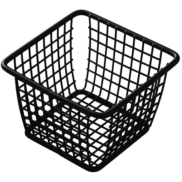 An American Metalcraft black powder-coated iron wire square fry basket with a handle.