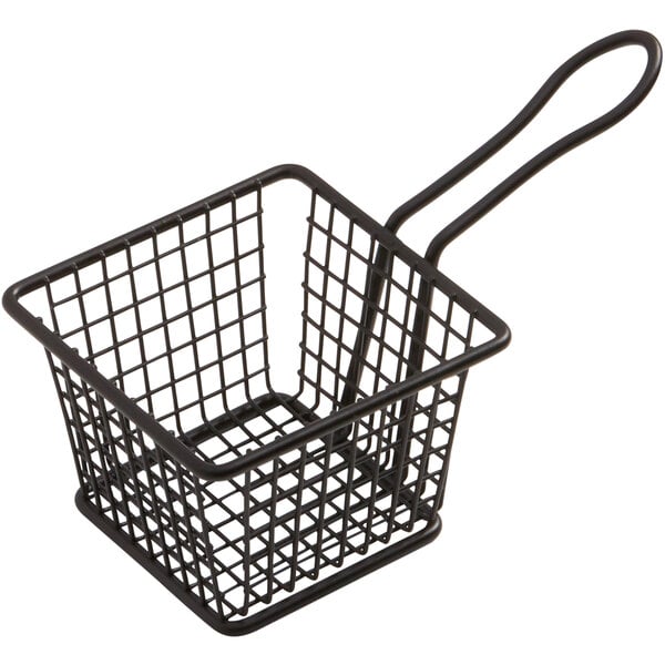An American Metalcraft black powder-coated iron square mini fry basket with a handle.