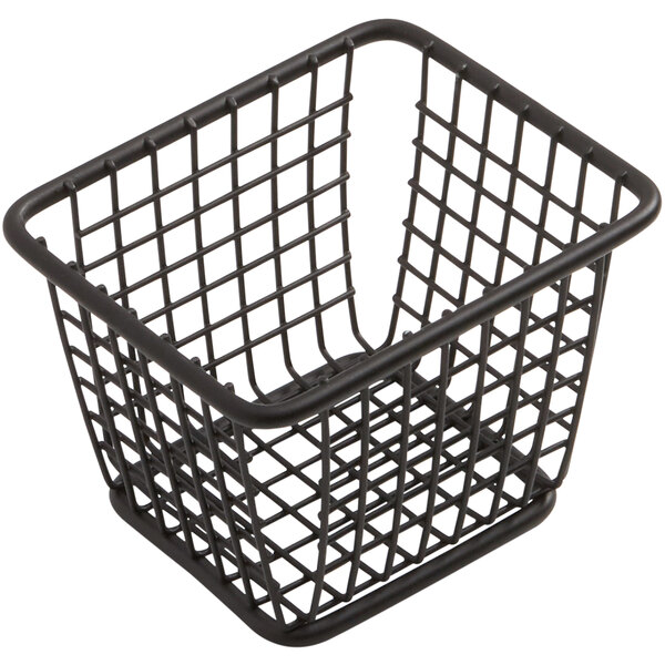 An American Metalcraft black rectangular wire fry basket with a corner handle.