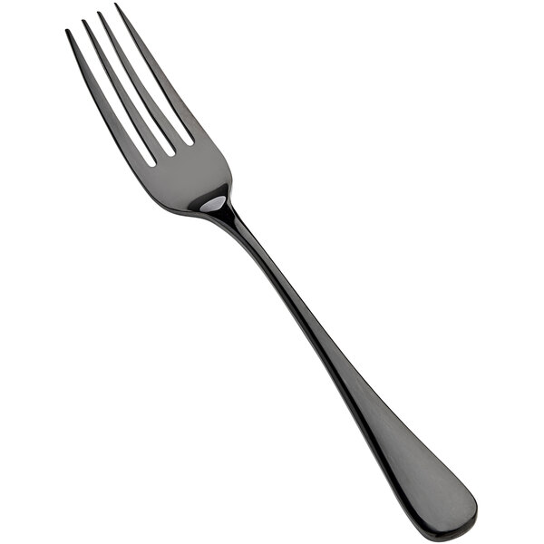 A close-up of a Bon Chef Como stainless steel dinner fork with a black handle.