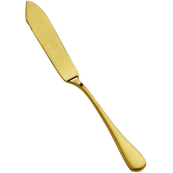 A Bon Chef stainless steel butter knife with a matte gold finish.
