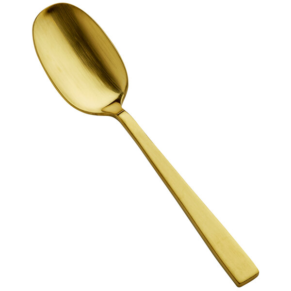 A Bon Chef matte gold soup/dessert spoon with a long handle.