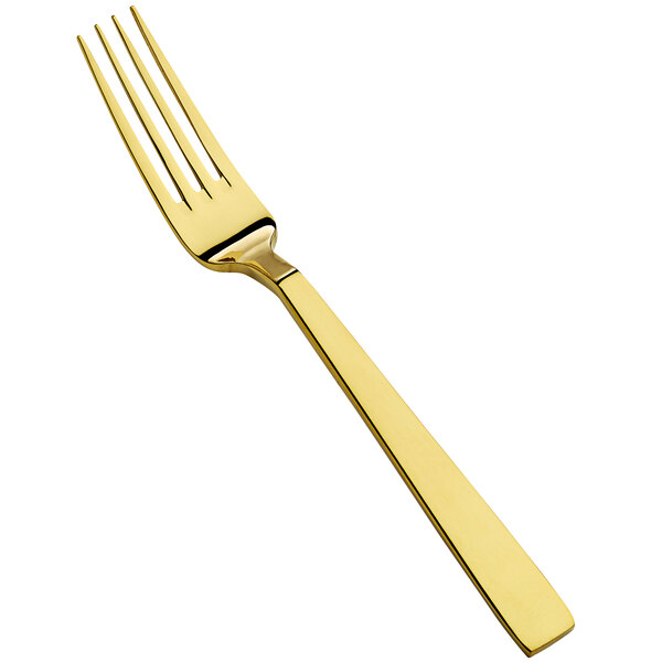A close up of a Bon Chef stainless steel dinner fork with a gold handle.