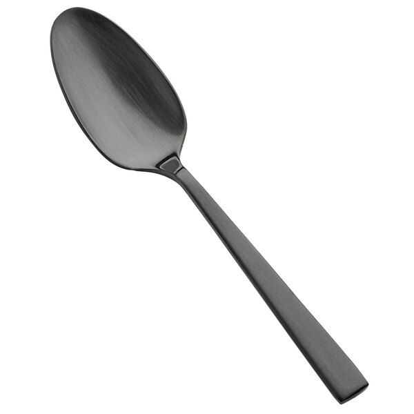 A Bon Chef stainless steel demitasse spoon with a matte black handle.