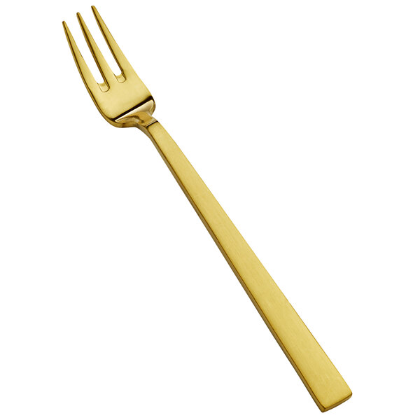 A Bon Chef matte gold oyster/cocktail fork with a long handle.