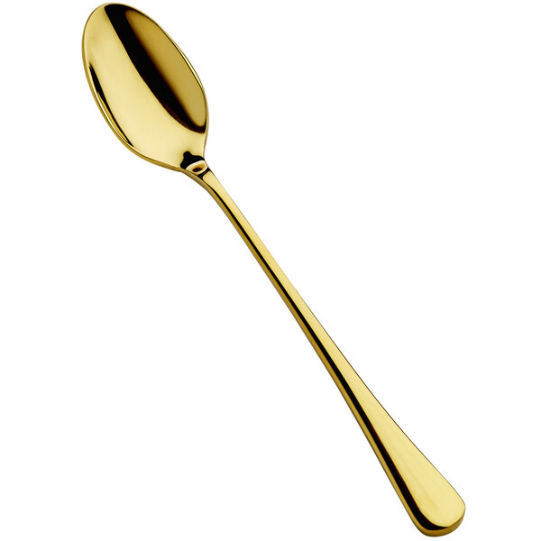 A Bon Chef 18/10 stainless steel iced tea spoon with a long gold handle.
