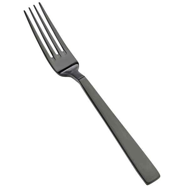 A close-up of a Bon Chef Roman stainless steel dinner fork with a matte black handle.