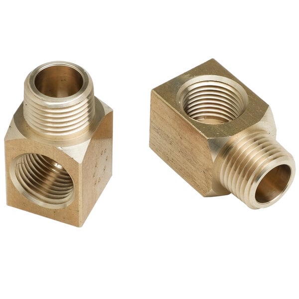 A T&S short elbow installation kit with two brass threaded fittings and a nut.