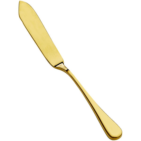 A Bon Chef gold butter knife with a long handle and blade.
