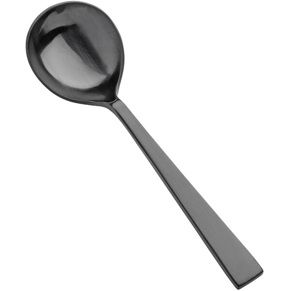 A Bon Chef Roman stainless steel soup spoon with a long, matte black handle.