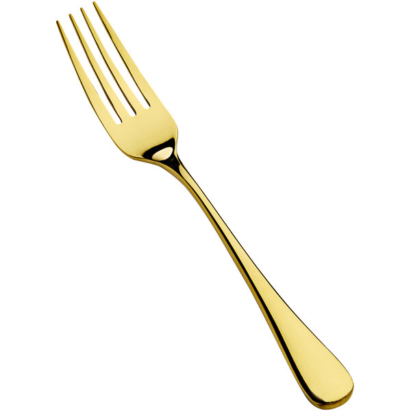 A Bon Chef stainless steel dinner fork with a gold handle.