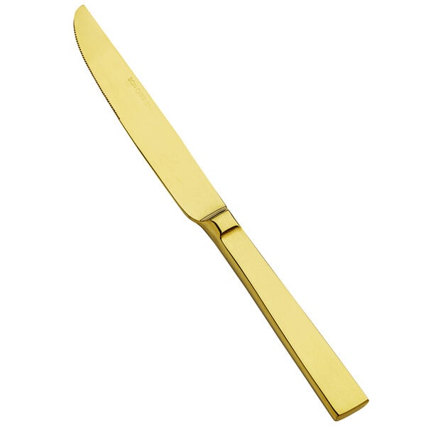 A Bon Chef stainless steel dessert knife with a gold handle.