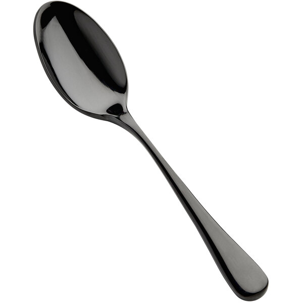 A Bon Chef stainless steel teaspoon with a black handle on a white background.