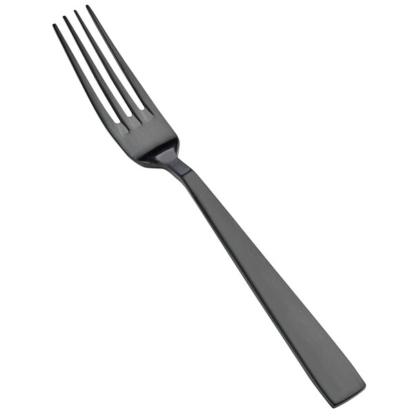 A close-up of a Bon Chef stainless steel salad/dessert fork with a matte black handle.