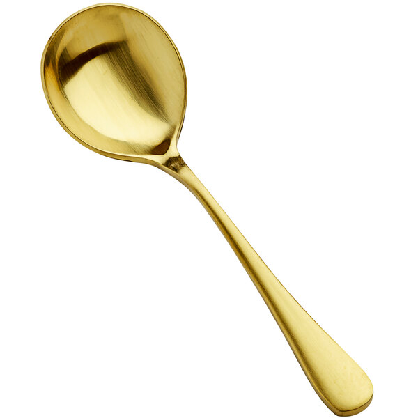 A Bon Chef matte gold stainless steel bouillon spoon with a long handle.