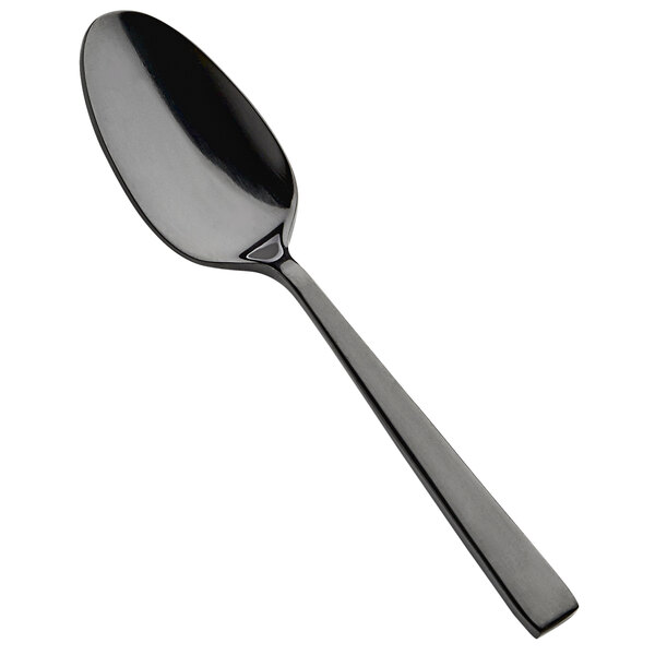 A Bon Chef stainless steel demitasse spoon with a black handle.