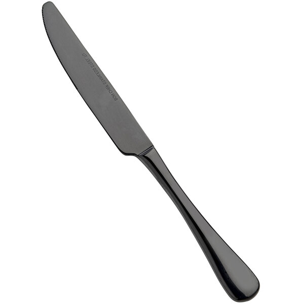 A close-up of a Bon Chef stainless steel dinner knife with a black solid handle.