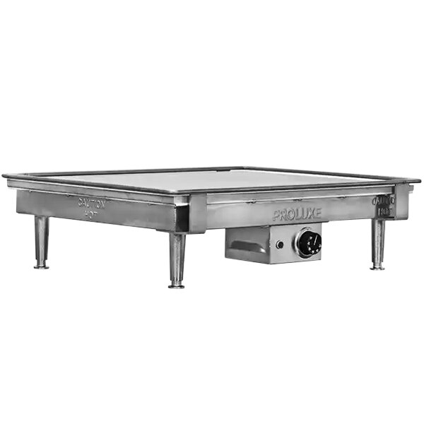 A rectangular stainless steel table with a black knob on top.