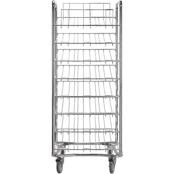 A chrome-plated metal Proluxe dough cart with wheels.