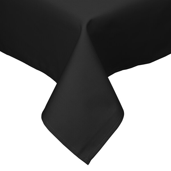 A black Intedge square tablecloth with hemmed edges on a table.