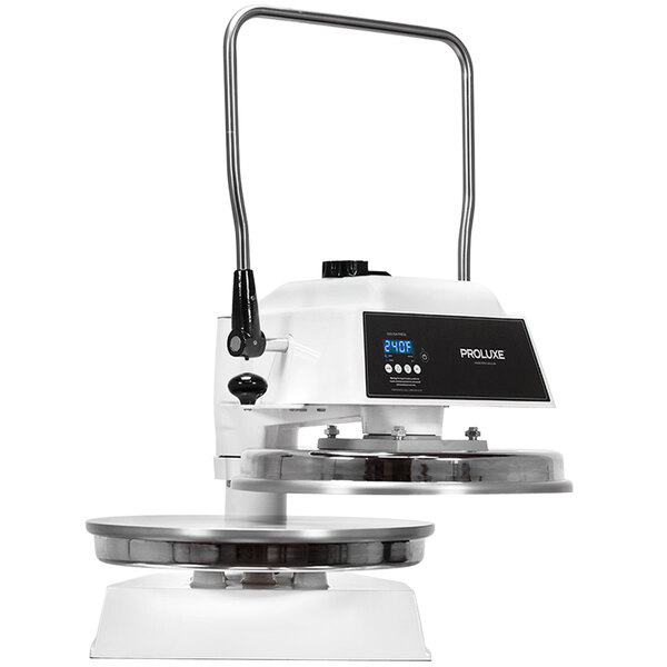 A white and silver Proluxe Endurance X2 heavy duty pizza and tortilla press with a metal plate.