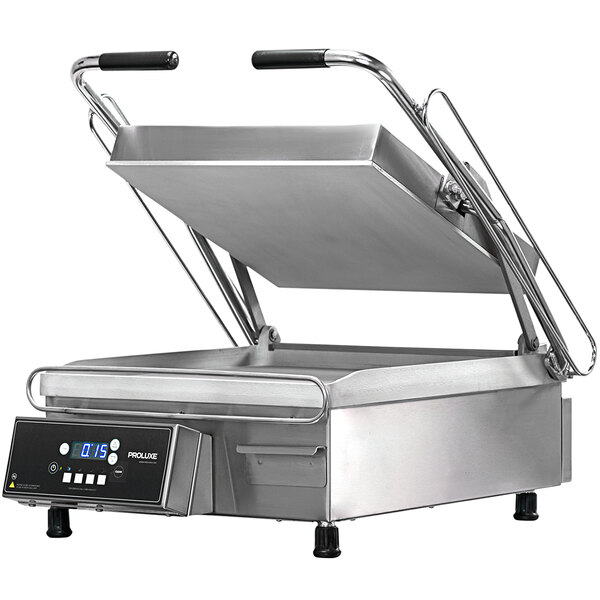 A Proluxe Vantage heavy-duty clamshell sandwich grill with smooth plates on a counter.