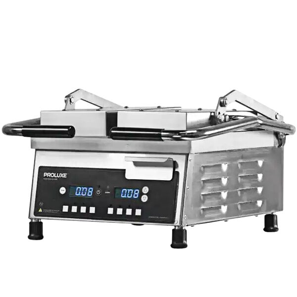 A Proluxe Vantage panini grill on a counter with a digital display.