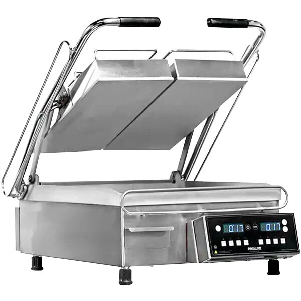 A Proluxe Vantage split lid grill with smooth plates on a counter.