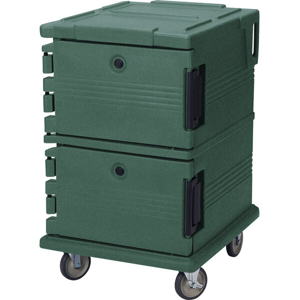 A green plastic Cambro Ultra Camcart with wheels.