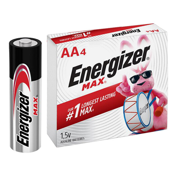 A box of 4 Energizer MAX AA batteries.