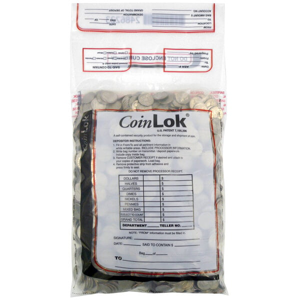 A clear Controltek USA CoinLok bank deposit bag with a label full of coins.